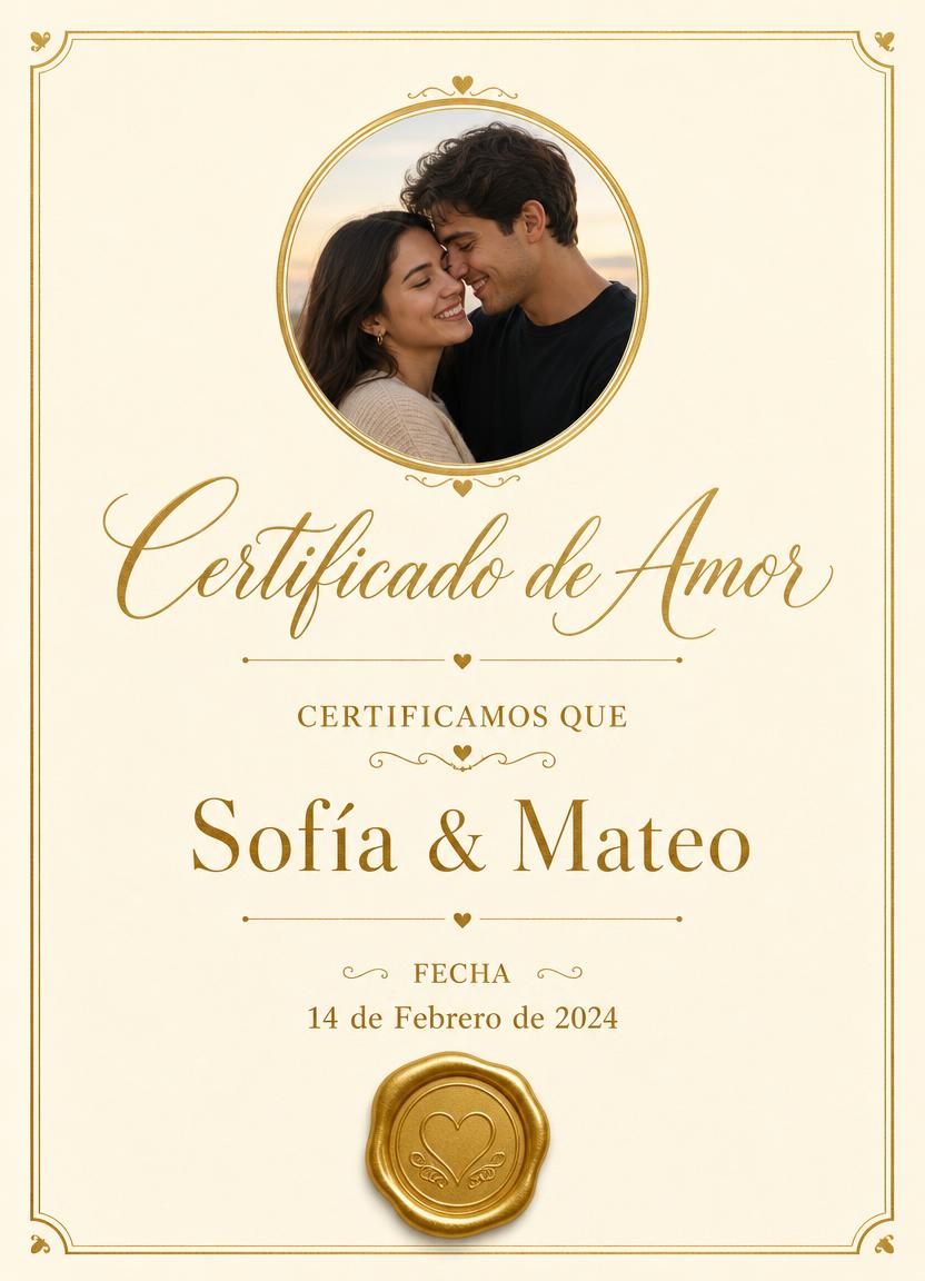 Certificado estilo Amor Minimalista con foto de la pareja