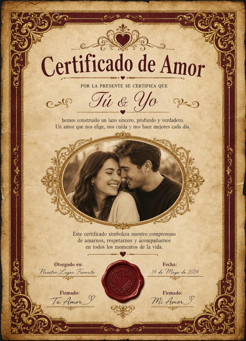 Certificado estilo Clásico Vintage con foto de la pareja
